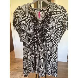 Leopard Print Women’s Blouse With Tuxedo Ruffles Short Sleeves‎ 3XL